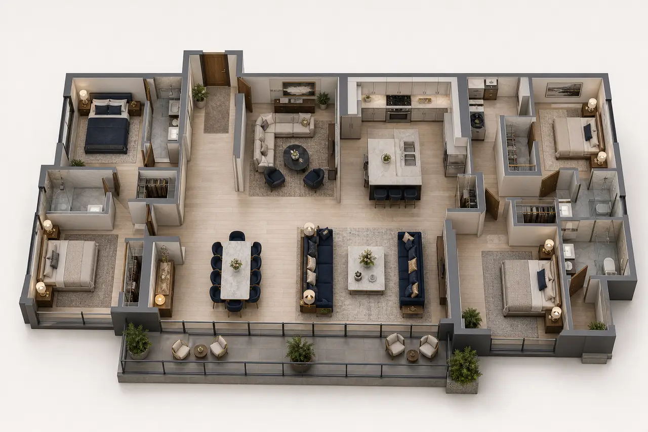 Sobha Hennur 4 BHK Luxe · 3 Bath floor plan study for comparing room relationships