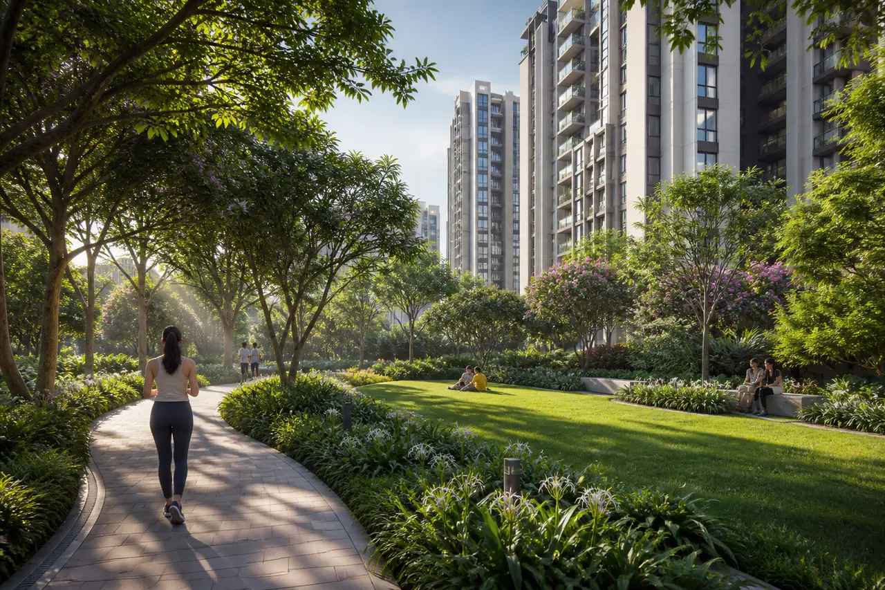 Sobha Hennur tree-lined courtyard and walking landscape context