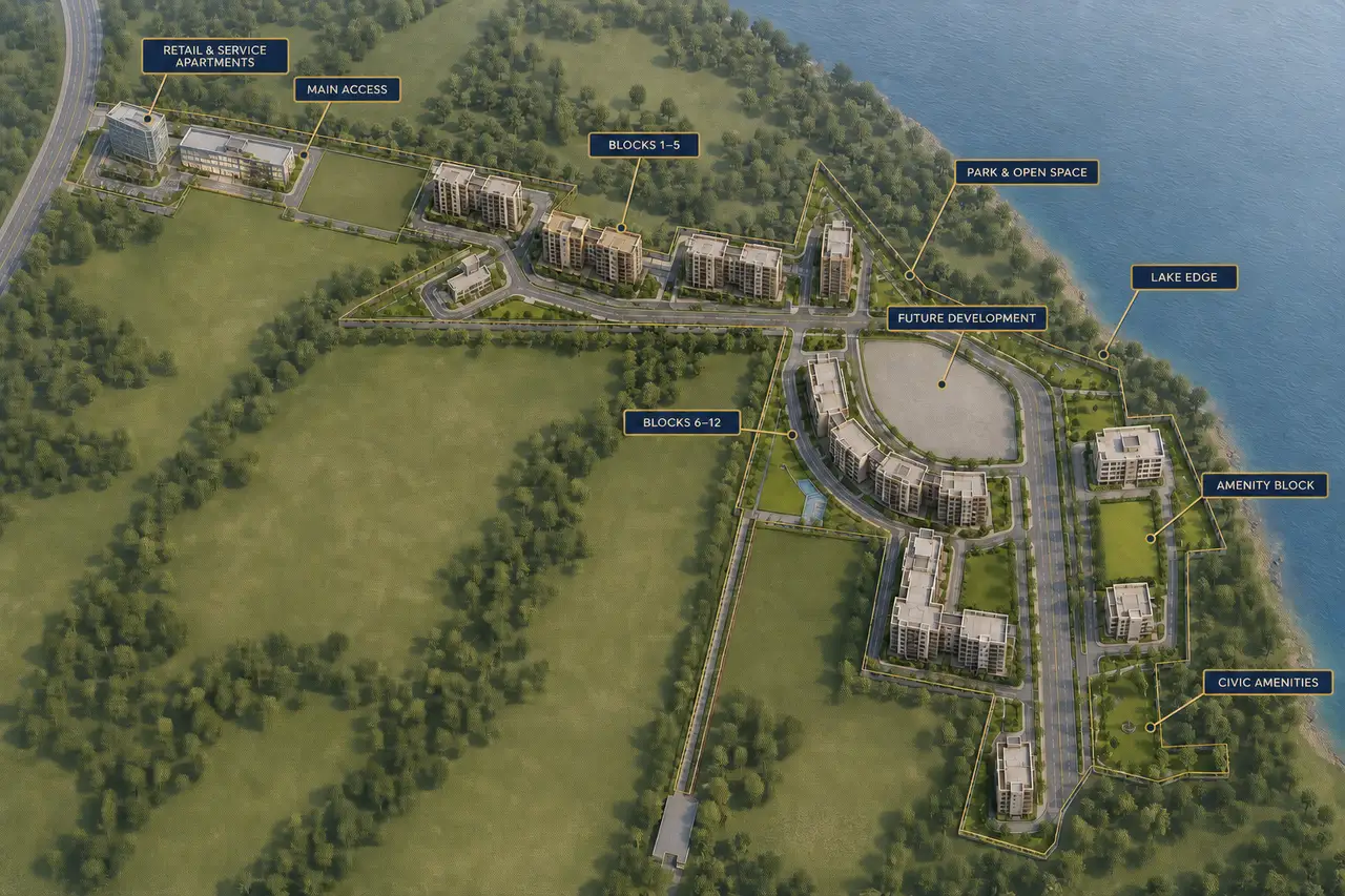 Sobha Hennur master plan with residential blocks, amenity block, commercial precinct and open spaces